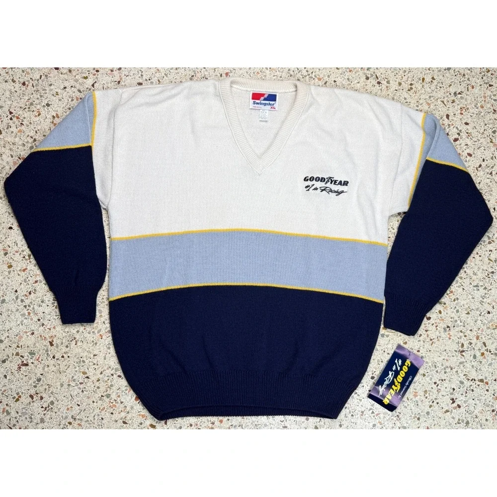 Swingster Goodyear #1 In Racing Vintage Men's V-Neck Sweater Made In USA Size XL